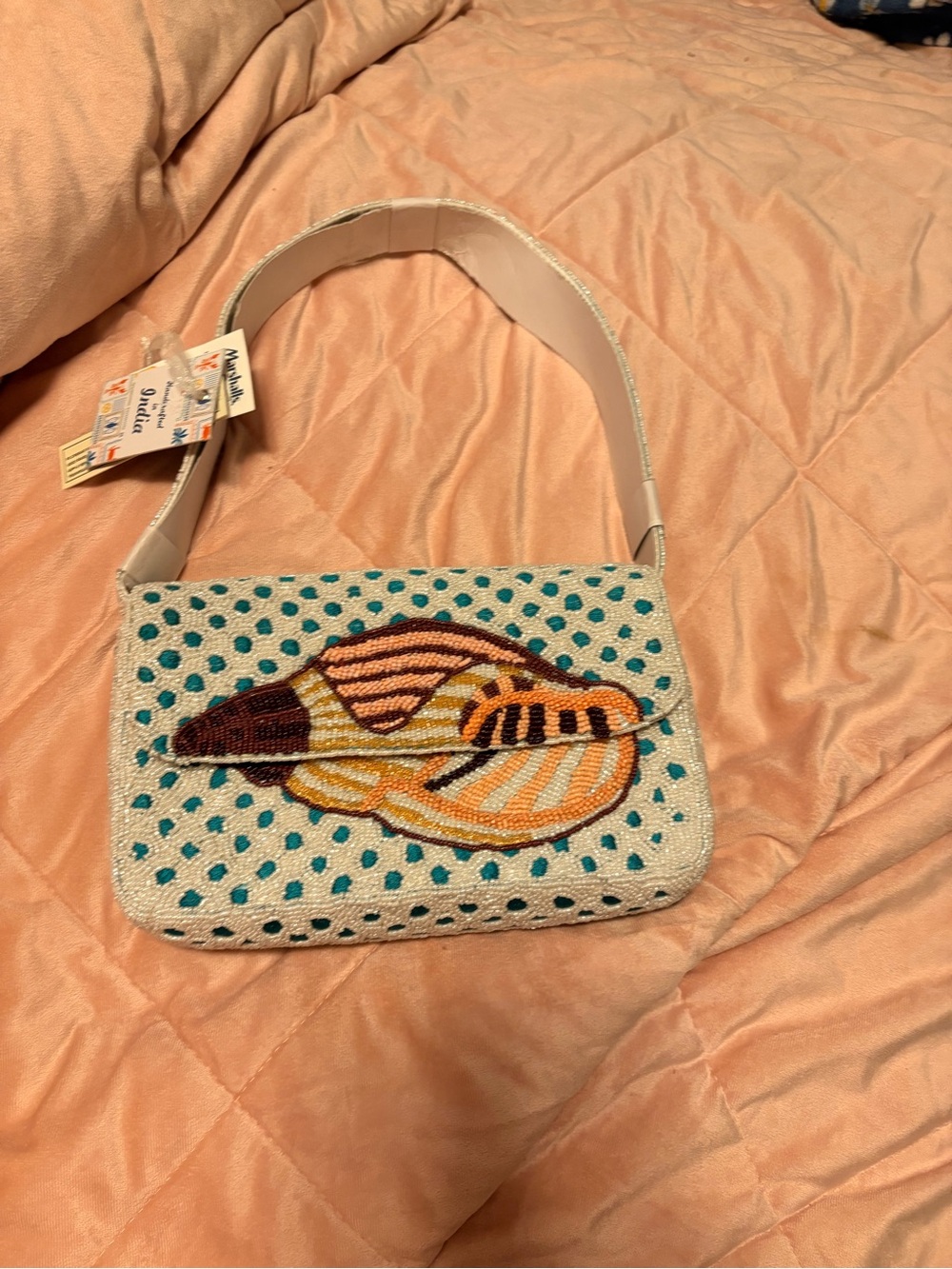 Beaded Seashell Shoulder Bag White Teal Beach Statement Purse
